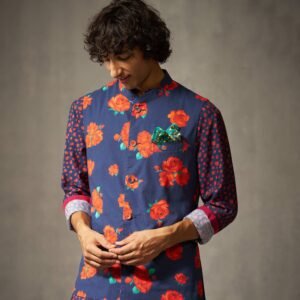Nehru Jacket - Red & Navy Print