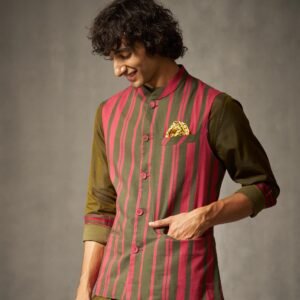 Nehru Jacket - Red & Oak Brown Print