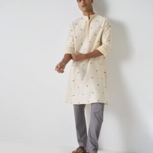 Neckband Kurta - Ivory & Charcoal Embroidered
