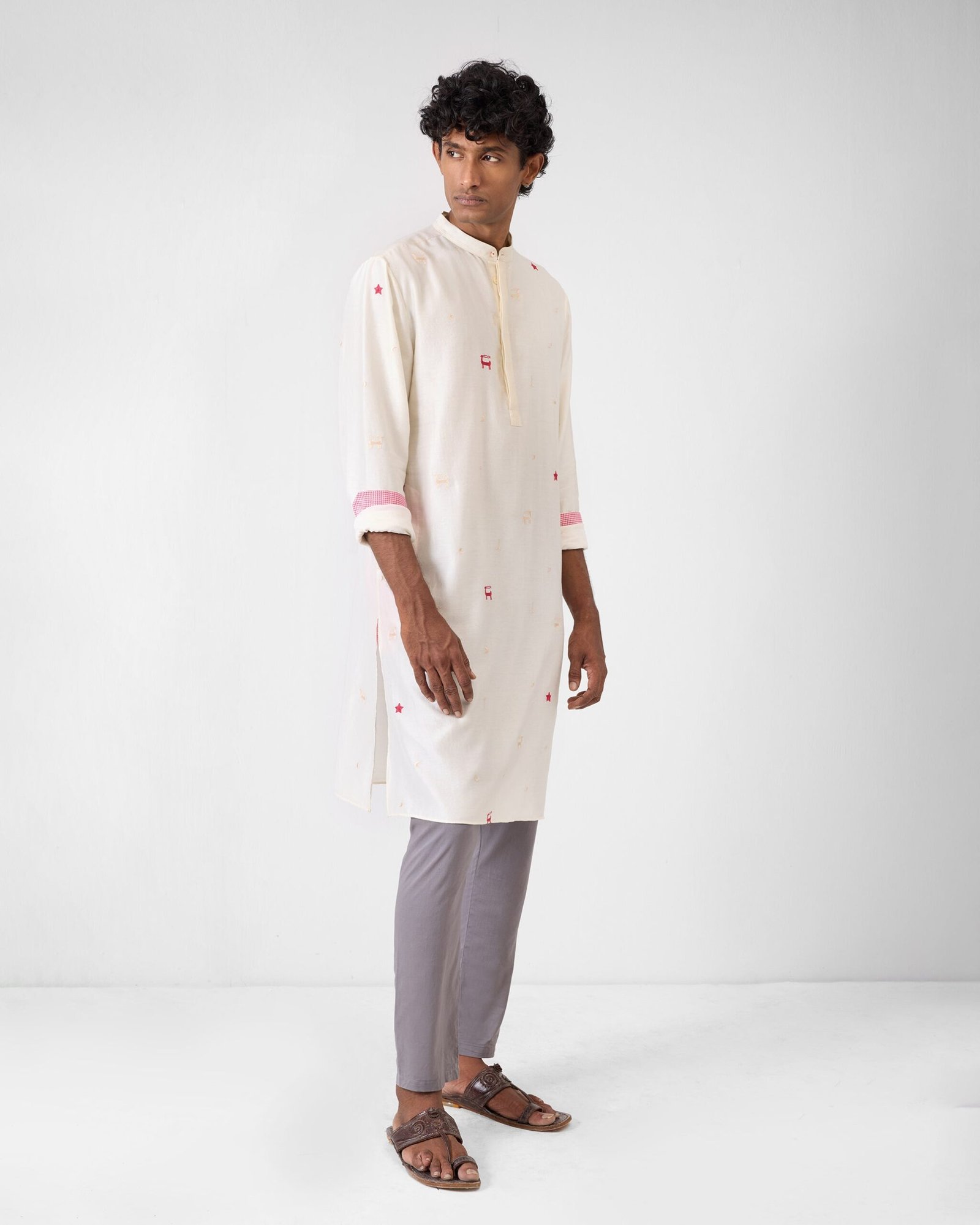 Neckband Kurta - Ivory Embroidered - Image 3
