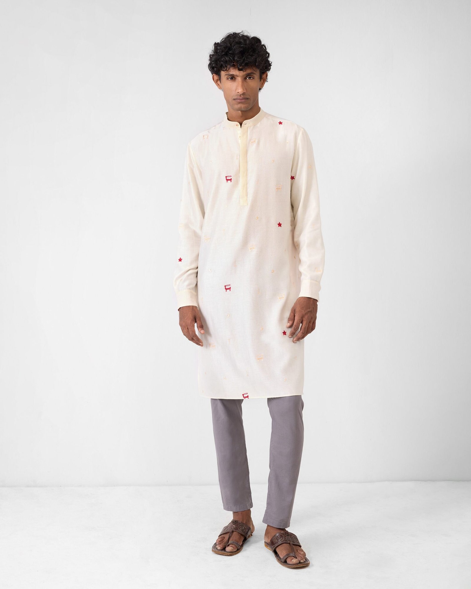 Neckband Kurta - Ivory Embroidered - Image 6