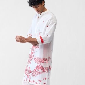 Neckband Kurta - White & Red Printed
