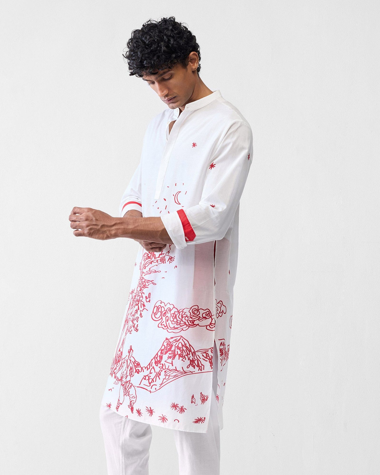 Neckband Kurta - White & Red Printed