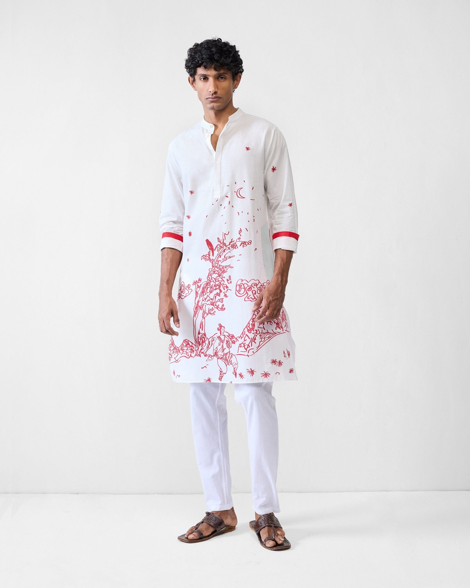 Neckband Kurta - White & Red Printed - Image 2
