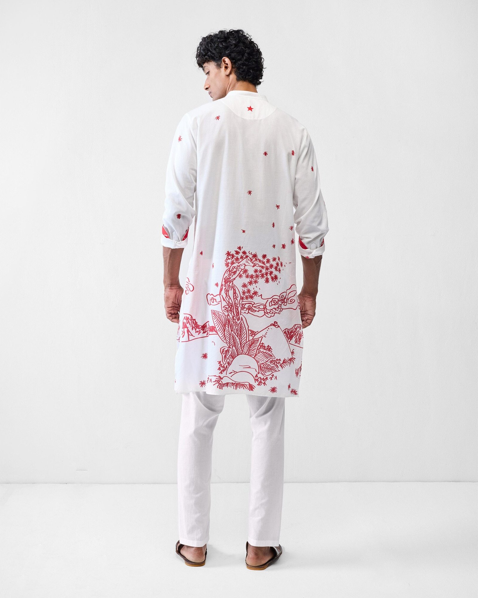 Neckband Kurta - White & Red Printed - Image 3