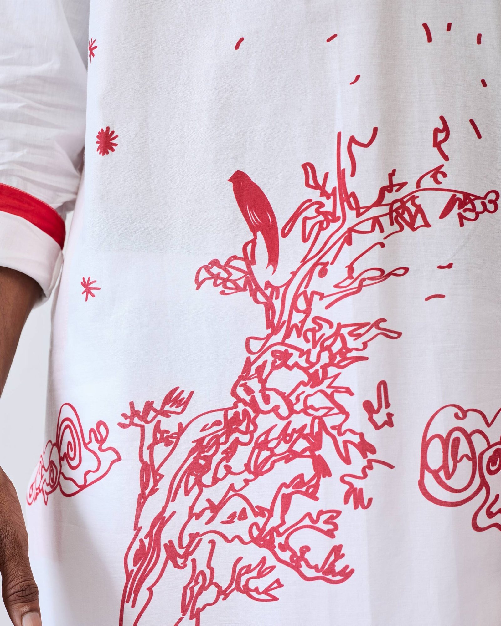 Neckband Kurta - White & Red Printed - Image 5