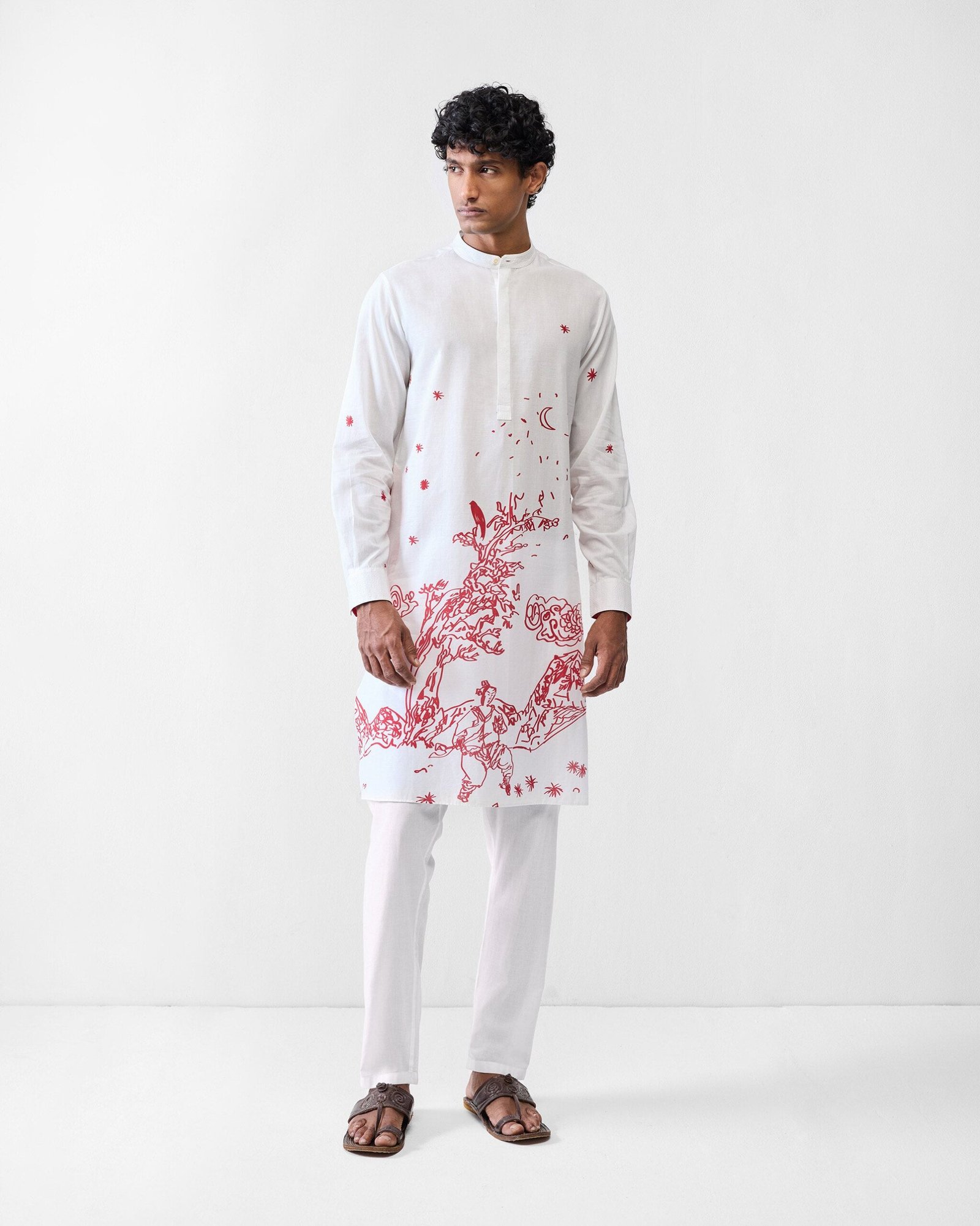 Neckband Kurta - White & Red Printed - Image 6