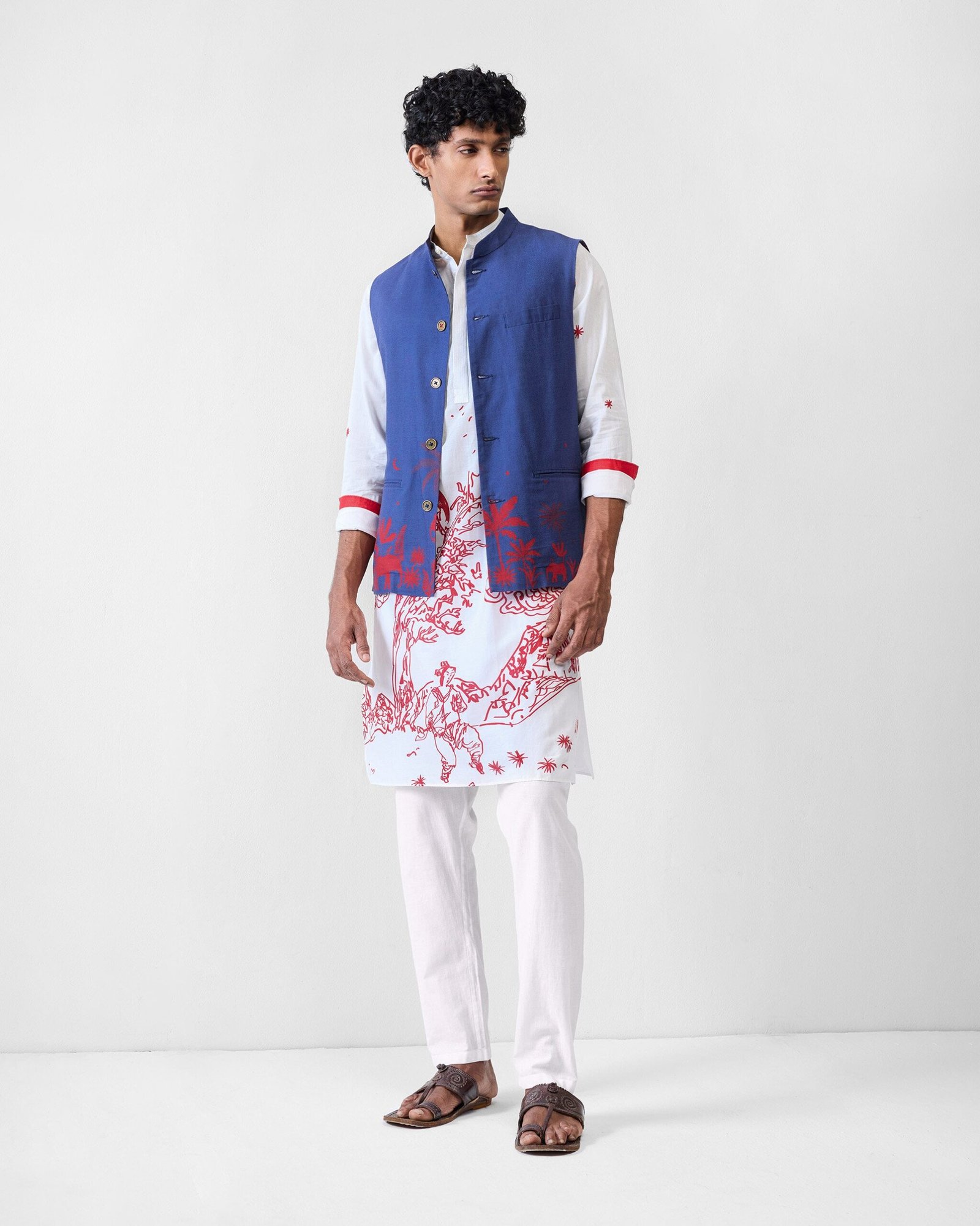 Neckband Kurta - White & Red Printed - Image 7