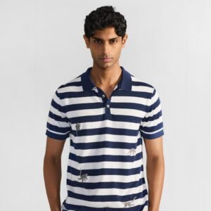Macaque Polo - Striped Embroidered Cotton Knit Regular Fit