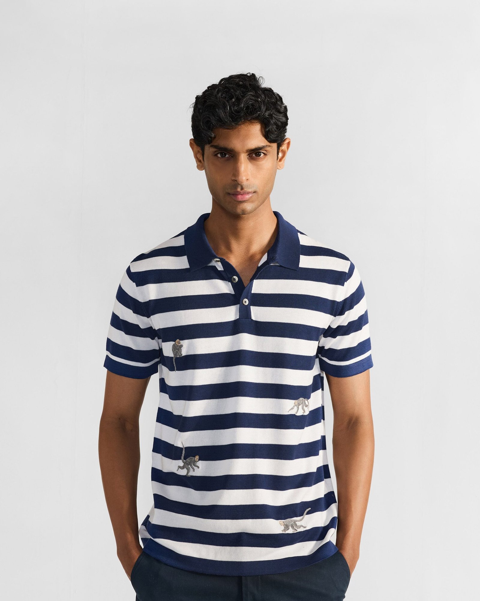 Macaque Polo - Striped Embroidered Cotton Knit Regular Fit