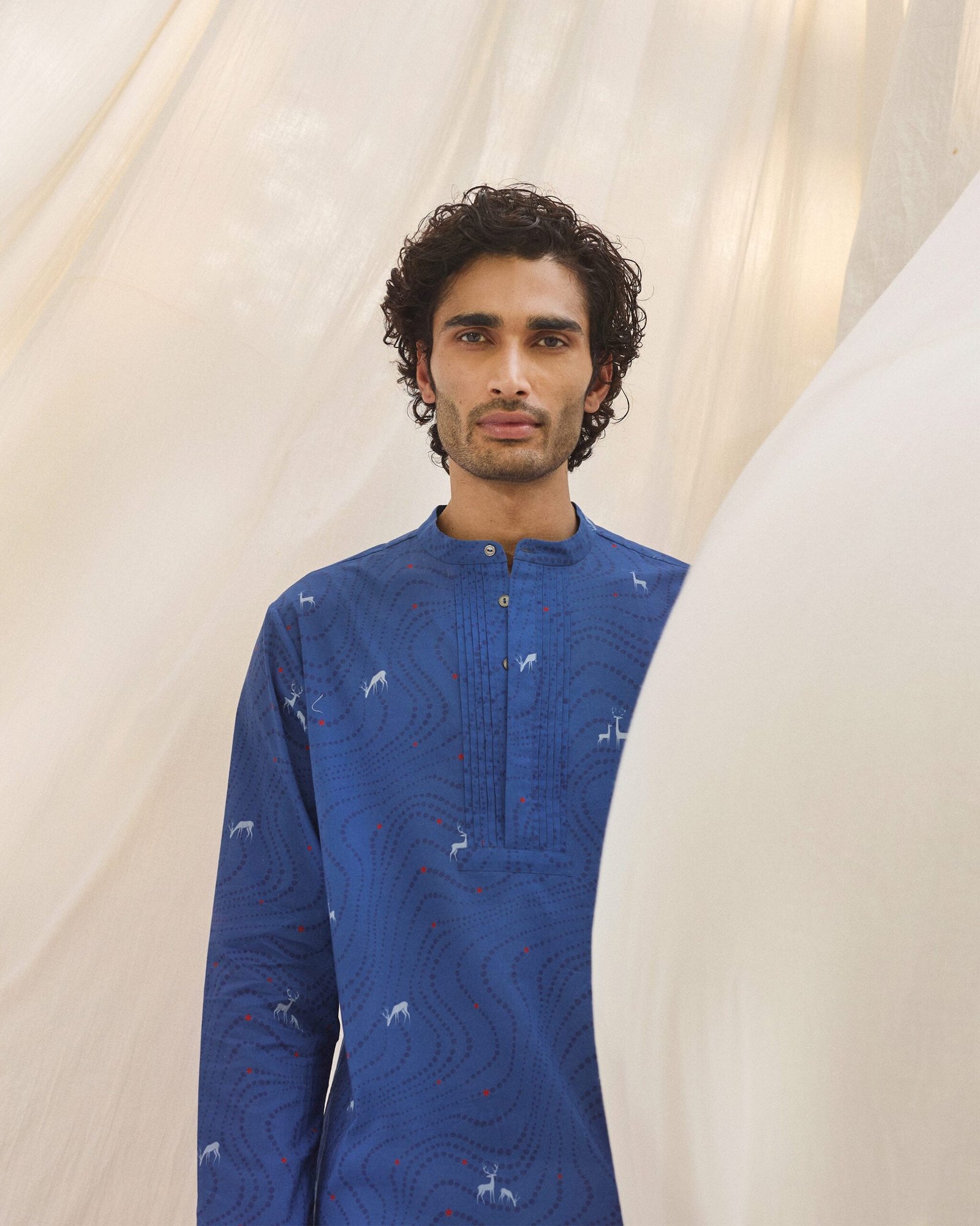 Front Pleat Kurta - Blue & White Printed