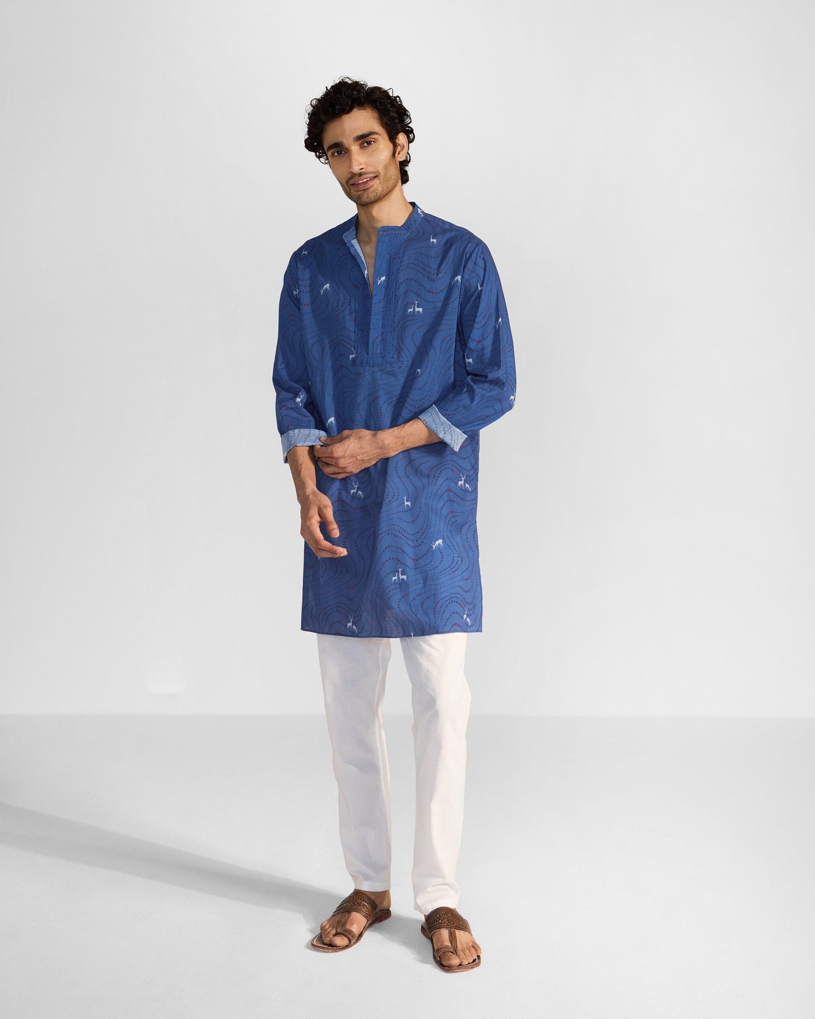 Front Pleat Kurta - Blue & White Printed - Image 7