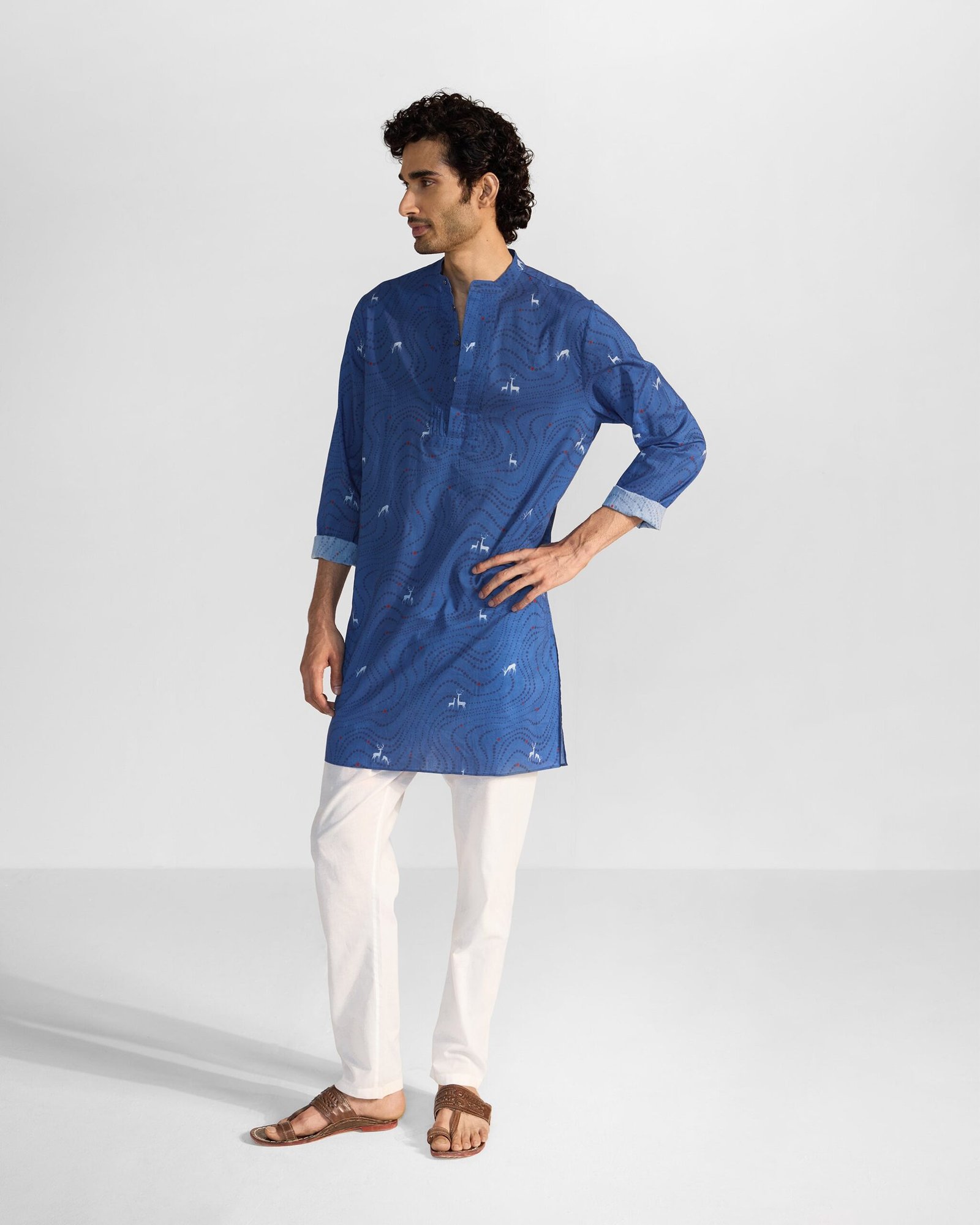 Front Pleat Kurta - Blue & White Printed - Image 8